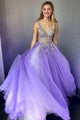 A-Line V-Neck Sleeveless Floor-Length Lilac Tulle Prom Dress with Beading OHC039 | Cathyprom