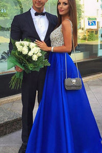 A-Line Deep V-Neck Floor-Length Royal Blue Prom Dress With Beading Pockets OHC015 | Cathyprom