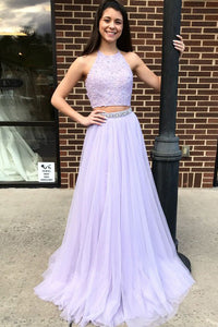 Two Piece Halter Backless Floor-Length Lavender Prom Dress with Lace Beading OHC026 | Cathyprom