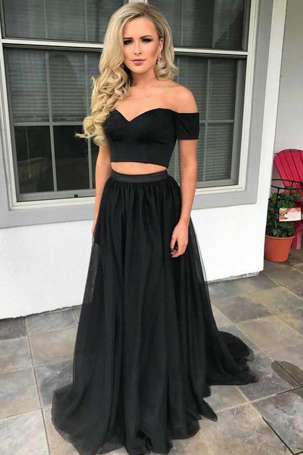 Black Prom Dresses Two Pieces Off-the-shoulder Short Sleeves Long Tull cathyprom Black Prom Dresses Two Pieces Off-the-shoulder Short Sleeves Long Tull cathyprom