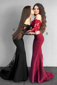 Mermaid Off-the-Shoulder Long Sleeves Black Prom Dress with Appliques L42 | Cathyprom