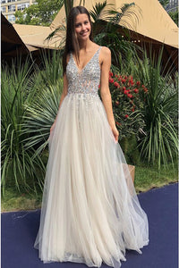 A-Line V-Neck Backless Floor-Length Ivory Tulle Prom Dress with Beading Z15