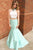 Mermaid Lace Two Piece Beading High Neck Sleeveless Sweep Train Mint Prom Dress PD14