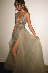 A-line Deep V-neck Backless Split Sweep Train Grey Prom Dress with Beading LPD39 | Cathyprom