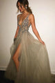 A-line Deep V-neck Backless Split Sweep Train Grey Prom Dress with Beading LPD39 | Cathyprom