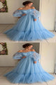 A Line Blue Tulle Off Shoulder Puffy Sleeves Long Prom Dress Evening Dress PD16