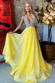 A-Line Halter Sweep Train Yellow Organza Prom Dress with Beading L9
