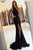 Sexy Mermaid Jewel Sleeveless Split Front Black Satin Prom Dress OHC543