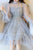 Blue Sparkly Star Long Sleeves Tulle Homecoming Dresses, Charming Short Prom Dress OHC515