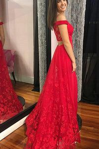 A-Line Off-the-Shoulder Sweep Train Red Lace Sleeveless Prom Dress Z2