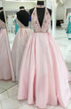 A-Line High Neck Sweep Train Keyhole Backless Pink Satin Prom Dress with Beading Q7