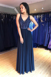 A-Line V-Neck Lace Up Navy Blue Chiffon Long Prom Dress with Beading D15