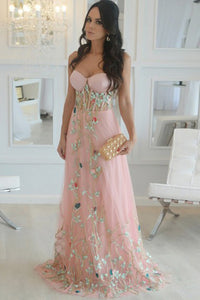 A-Line Sweetheart Sweep Train Pink Tulle Sleeveless Prom Dress with Embroidery C21