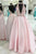 A-Line High Neck Sweep Train Keyhole Backless Pink Satin Prom Dress with Beading Q7
