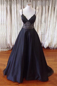 A-line Spaghetti Straps Open Back Sweep Train Black Prom Dress with Beading P73 | Cathyprom