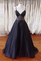 A-line Spaghetti Straps Open Back Sweep Train Black Prom Dress with Beading P73 | Cathyprom