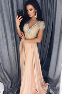 A-Line V-Neck Short Sleeves Floor-Length Beige Prom Dress with Beading OHC004 | Cathyprom