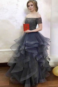 A-Line Off-the-Shoulder Sweep Train Tulle Prom Dress with Beading Ruffles C14