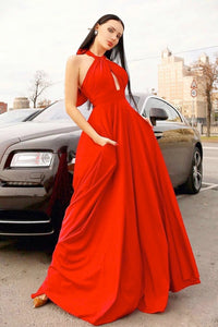 Simple Charming A Line Halter Sweep Train Sleeveless Open Back Long Red Chiffon Prom Dress OHC341 | Cathyprom