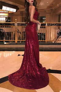 Trumpet/Mermaid Sleeveless V-neck Sweep Train Ruffles Sequins Dresses LPD18