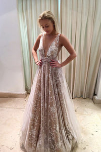 A-Line Deep V-Neck Long Backless Champagne Tulle Prom Dress with Lace OHC096 | Cathyprom
