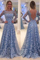 Blue Backless Lace Long Sleeves Jewel Bowknot Sweep Train Long Prom Dress P71