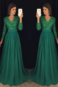 A-Line/Princess V Neck Floor-Length Long Sleeves Beading Long Chiffon Prom Dresses OHC270 | Cathyprom