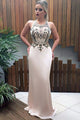 Mermaid Crew Sweep Train Beige Stretch Satin Open Back Prom Dress with Beading Q94