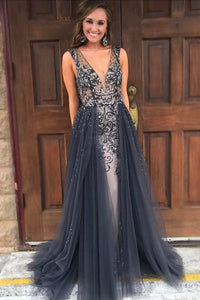 A Line Gray V Neck Tulle Beaded Backless Prom Dress YE5576