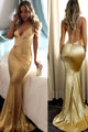 Sexy Mermaid Spaghetti Straps Sweep Train Sleeveless Long Gold Satin Prom Dress  OHC106 | Cathyprom