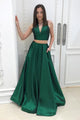 Cheap Two Pieces  V Neck Floor Length Sleeveless Long Satin Prom Dresses OHC263 | Cathyprom