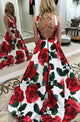 A-Line Deep V-Neck Sweep Train Criss-Cross Straps Red Flower Printed Satin Prom Dress Q24