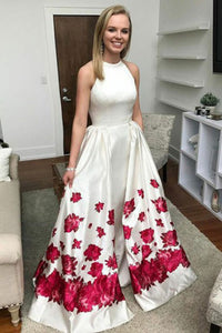 Mermaid Jewel Detachable Sweep Train White Printed Satin Prom Dress with Pockets L13
