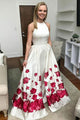 Mermaid Jewel Detachable Sweep Train White Printed Satin Prom Dress with Pockets L13