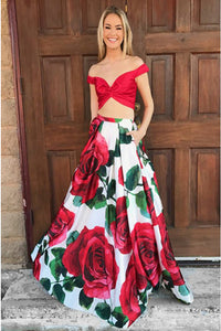 Two Piece Off-the-Shoulder Floor-Length Floral Prom Dress with Pockets D8
