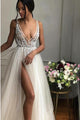 A-Line V-Neck Floor-Length Ivory Prom Dress with Beading Split OHC032 | Cathyprom