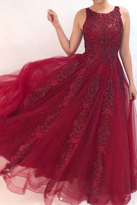 Beautiful A Line Round Neck Burgundy Appliques Prom Dresses OHC155 | Cathyprom