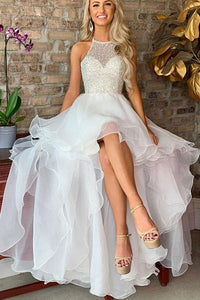 High Low White Halter Sleeveless Prom/Evening Dresses with Beading Ruffles OHC164 | Cathyprom