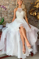 High Low White Halter Sleeveless Prom/Evening Dresses with Beading Ruffles OHC164 | Cathyprom