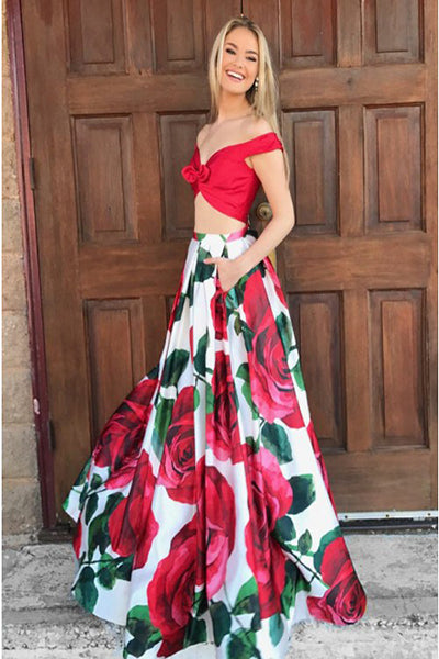 two piece floral prom dress Two-Pieces Green Satin Prom Dresses Flower Print Organza Sweep Train Party Dresses ARD2457