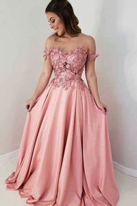 A Line Long Prom Dresses Off the Shoulder with Appliques OHC154 | Cathyprom