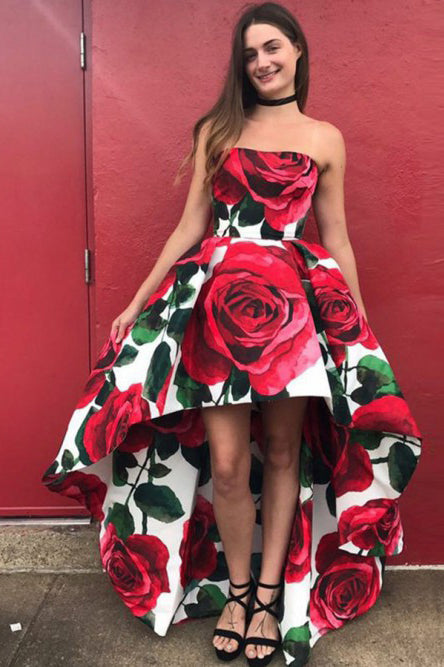 A-Line Sweetheart High Low Red Rose Floral Satin Prom Dress OHC103 cathyprom A-Line Sweetheart High Low Red Rose Floral Satin Prom Dress OHC103 cathyprom