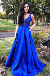 A-Line V-Neck Sweep Train Royal Blue Prom Dress with Beading Pockets L43 | Cathyprom