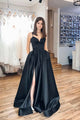 Simple A Line Spaghetti Straps Side Slit Sleeveless Long Black Satin Prom Dress OHC354 | Cathyprom