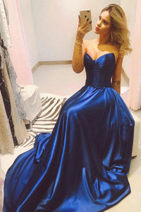 A Line Sweetheart Sweep Train Sleeveless Long Senior Navy Blue Satin Prom Dress Party Dress OHC332 | Cathyprom