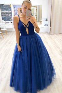 Unique A Line V Neck Floor Length Sleeveless Long Royal Blue Tulle Prom Dress OHC353 | Cathyprom