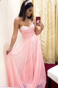 Elegant Sweetheart Sleeveless Pink Chiffon Beaded Long Prom Dress Evening Dress OHC363 | Cathyprom