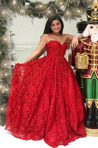A Line Long Princess Sweetheart Red  Full Lace Long Strapless Elegant Simple Prom Dress LPD11