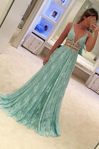 A-line Deep V-neck Sleeveless Sweep Train Mint Lace Prom Dress with Beading P87 | Cathyprom