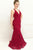 Mermaid Deep V-Neck Sweep Train Dark Red Lace Sleeveless Prom Dress with Beading C4